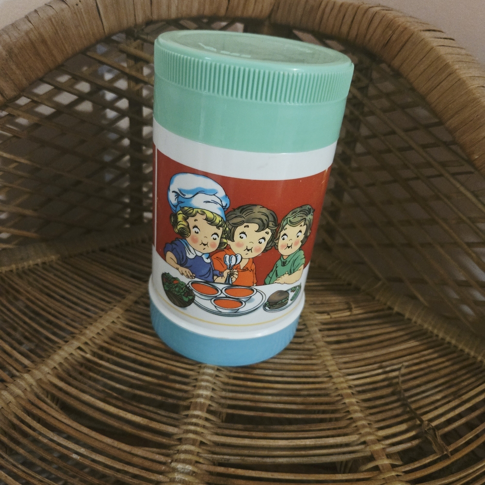 Vintage Food Storage Container with Cartoon Design - Green and Blue